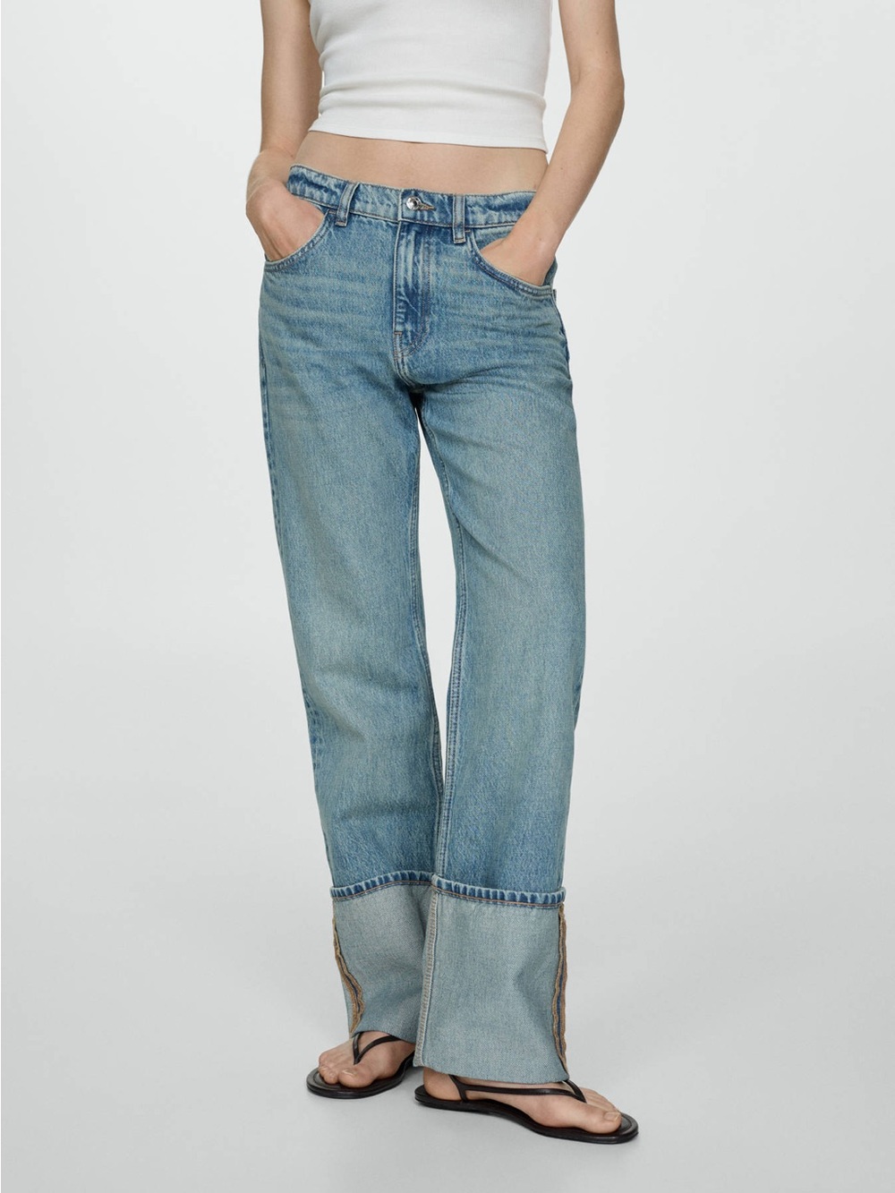 Mango light wash mid rise straight leg turn up hem denim jeans